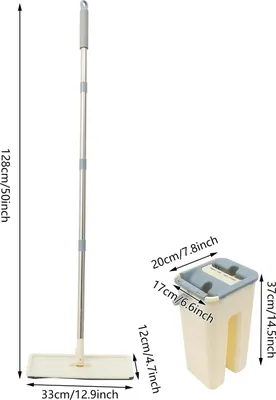Zdjęcie produktu dla Zestaw mopa z wiadrem – mop płaski – wiadro dwukomorowe 8 l – system wyciskania – mikrofibra – długi trzonek 128 cm – jasnożółty