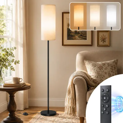 Obrázok produktu pre 160 cm vysoká LED stojaca lampa s plátnovým tienidlom, stmievateľná, s diaľkovým ovládaním a nožným spínačom, časovačom a režimom nočného osvetlenia, LED lampa s teplou bielou farbou, retro štýl, do obývacej izby