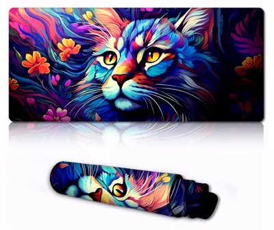 Produktbild von Tastatur und Maus mit lila Katze und großem Mauspad (60 x 35 x 0,3 cm)