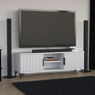 Produktbild von BEAUTYSOFA TV-Schrank HOME 150 cm Weiß – Modernes TV-Board mit 2 Lamellentüren, offenen Fächern, Lowboard für Wohnzimmer, mit Griffe, Fernsehtisch