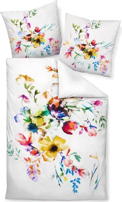 Produktbild von Traumschloss Mako Satin Bettwäsche - Blumen in Aquarell-Optik 155 x 220 cm bunte Blumen in Aquarell-Optik, weißer Hintergrund