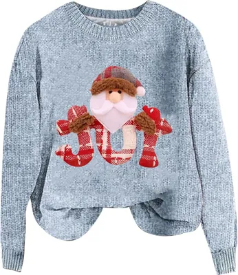 Produktbild von ASKSA Damen Lustige Weihnachtspullover Strickpullover Winter Rundhals Pulli Christmas Sweater Langarm Oberteile Warm Weihnachtspulli,F-Blau,M