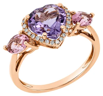 Produktbild von Pinker Modering aus 750 Roségold (18 Karat) mit Herzdesign, 26 Brillanten (0,10 ct), Amethyst, Turmalinen, Ringweite 53