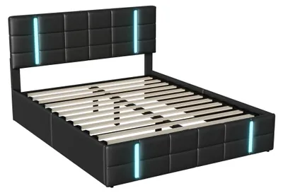 Productafbeelding van Gestoffeerd bed - Tweepersoonsbed 160 x 200 cm - Kunstleer (PU) - Hydraulische opbergruimte - LED-verlichting - Lattenbodem - Zwart