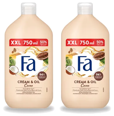 Obrázok produktu pre 2 ks pleťového a sprchového gélu Fa Cream & Oil s kakaovým maslom a kokosovým olejom, 750 ml - výhodný balík - 2 kusy