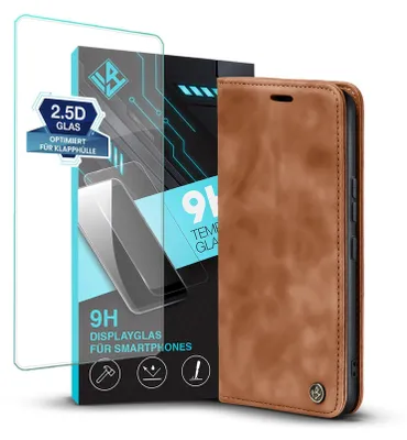 A phone case and screen protector are displayed together, with packaging in the background.