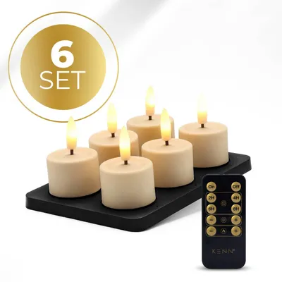 Image de KENN® GlowPro™ Bougies chauffe-plat LED rechargeables – Lot de 6 – Ivoire – Jusqu’à 350 heures d’autonomie – Avec télécommande – Station de recharge