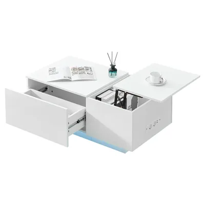 Produktbild von 100x55x40cm Hochglanz Sofatisch mit Ladestation, Wohnzimmertisch mit hochklappbarer Arbeitsplatte