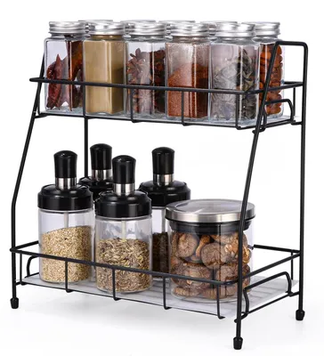 Produktbild von Standgewürzregal mit 2 Ebenen, Gewürzständer aus Metall für Küche und Bad, stehendes Küchenregal für die Arbeitsplatte, Gewürzregal-Organizer, Küchenschrank-Organizer für platzsparende Aufbewahrung