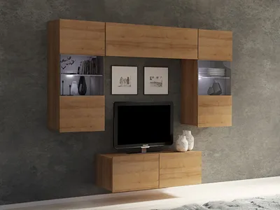 Produktbild von Wohnwand CALABRINI-10 Wohnzimmer-Set Hängewohnwand Schrankwand mit LED-Beleuchtung TV-Schrank Vitrine Moderne Anbauwand (Goldene Eiche)