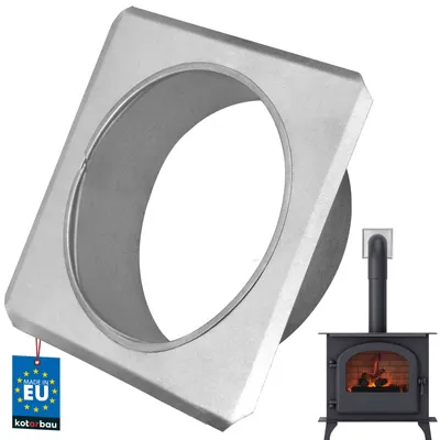 A product shot of a metal flange for a stove pipe, with a small inset image of a wood-burning stove.