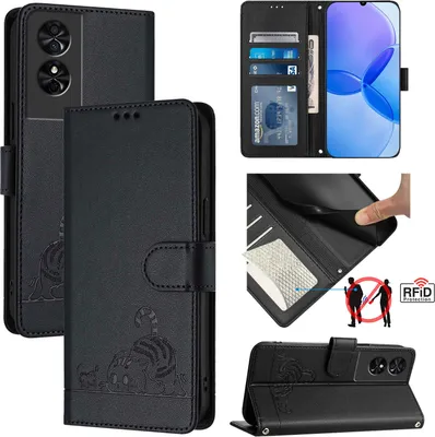 Produktbild von Leder Hülle für TCL 50 SE Süße Katze Flip Case Brieftasche Schutzhülle mit Standfunktion Schwarz