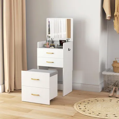 Produktbild von Schminktisch 3-in-1 mit Spiegel, Nachttisch, Rollhocker, Schubladen, Weiß | 48 x 40 x 90 cm | MDF & Glas | klappbar