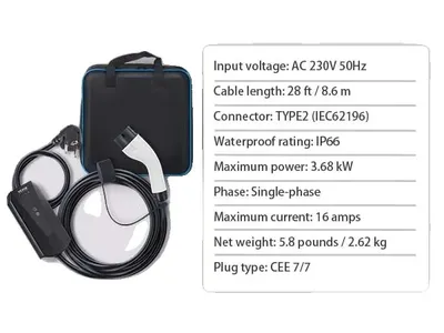 Produktbild von EV-Ladegerät, Typ 2 Stecker, 16A maximale Stromstärke, 368 kW