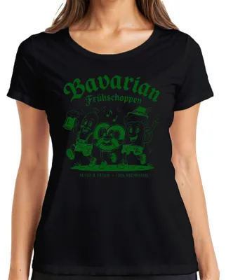 Immagine prodotto di Maglietta da donna, colore nero, taglia XL, con motivi che richiamano la Baviera: "Frühschoppen", "Weißwurst", "Brezel", "Bier", "Lederhose", "Dirndl", "Wiesn"
