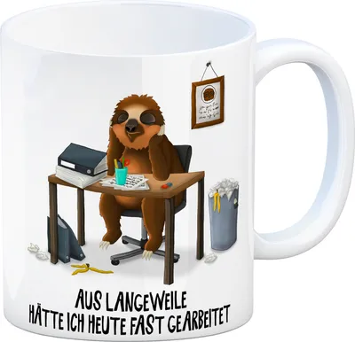 Produktbild von Kaffeebecher mit Faultier im Büro Motiv und Spruch: Aus Langeweile hätte ich