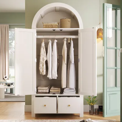 Produktbild von MODFU Garderobenschrank 2 Schubladen und Kleiderstange,Kleiderschrank mit Rattan-Flechten und offener Stauraum,Weiß