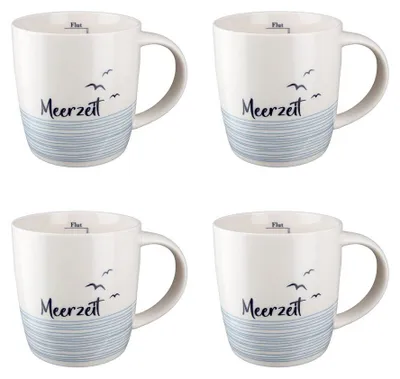 Produktbild von 4tlg. Becher MEERZEIT weiß blau 380ml Jumbobecher maritim Geschirr Strandhaus