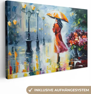 Produktbild von MuchoWow® - Leinwandbilder - Ölgemälde - Regenschirm - Frau - Straße - Kunst, Wandbild, Wanddeko Bilder Wohnzimmer, 30x20 cm
