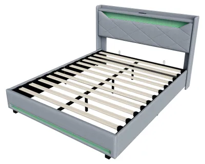 Productafbeelding van Moonbite bed met opbergruimte, 140x200 cm, stoffen bekleding, grijs, met LED-verlichting, USB-poorten en USB-C poorten, gestoffeerd hoofdeinde en gasveren
