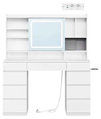 Image de Table de maquillage - Table de coiffure - 9 tiroirs - Rangement à bijoux - Prise électrique - Miroir LED réglable - Blanc