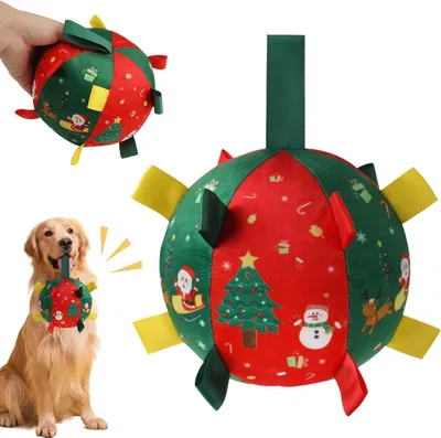 Produktbild von Hundeball, Weihnachtsspielzeugball mit Griff, Hundefu?ballball, Hundespielzeug, Weihnachtsball, unzerst?rbare Hundeb?lle, Spielzeugball fš¹r kleine und mittelgro?e Hunde