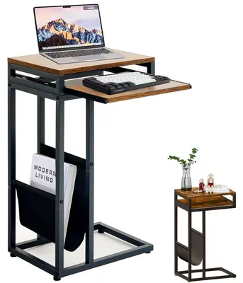 C-förmiger Beistelltisch mit Ablageregal, Metallrahmen, 68x40x30 cm, schwarz