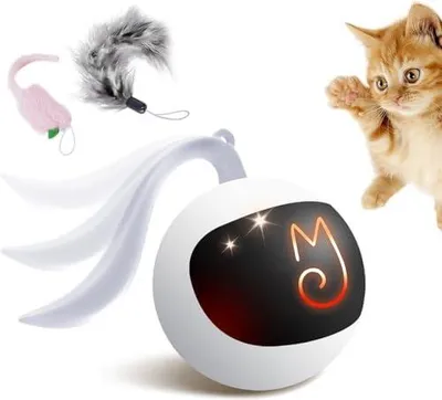 Produktbild von Migipaws Interaktives Katzenspielzeug elektrisch rollender Ball mit flauschigem Schwanz, kleine Maus als Zubehör, wiederaufladbar