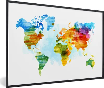 Produktbild von MuchoWow® Gerahmtes Poster Weltkarte - Aquarell - Regenbogen - Kinder - Jungen - Mädchen 30x20 cm - Poster mit Schwarzem Bilderrahmen Wandposter Rahmen Foto Bilder - Kunstdruck - Bild-Poster