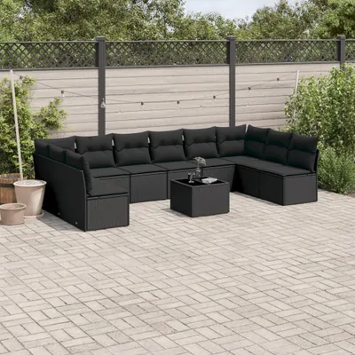 Produktbild von Design 11-tlg. Garten-Sofagarnitur mit Kissen Schwarz Poly Rattan, Gartenmöbel-Sets 2024 Neu
