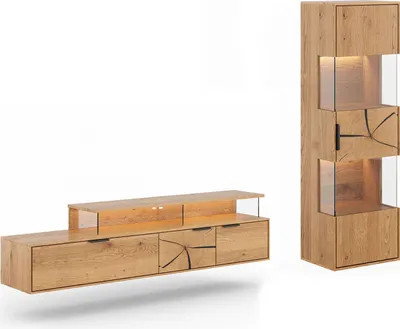 Produktbild von Wohnwand Tirano Wohnzimmer-Set Massivholz geölt Ausführung wählbar,Hängevitrine, Lowboard,Eiche Natur / Absetzung Hirnholz