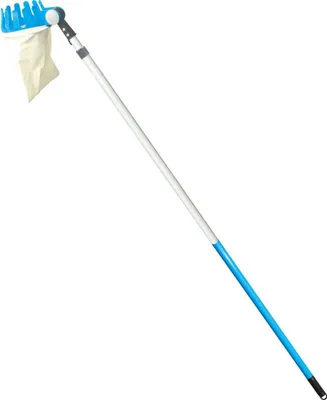 A fruit picker tool with a telescopic pole and a collection bag.