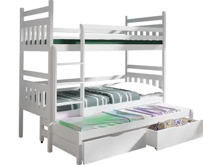 Produktbild von KEF Lena Etagenbett Kinder Etagenbett 3 Personen Holz Kinderbett mit Schubladen mit Matratze 80x180 cm Weiß