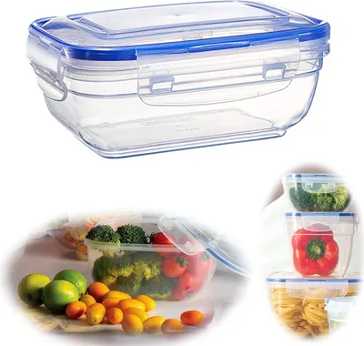 A collage of images showing clear plastic food storage containers with blue lids, some filled with food like broccoli, tomatoes, bell peppers, and pasta.