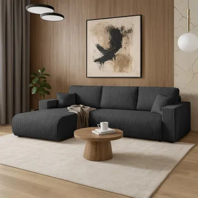 Produktbild von BEAUTYSOFA | Ecksofa Porto L-Form, Wohnzimmer Sofa mit universelle Ottomane, Ecksofa mit Schlaffunktion und Bettkasten, Couch modern in Schwarz