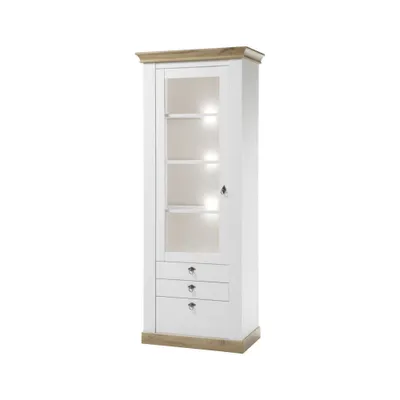 Produktbild von Landhaus Standvitrine LINARES-61 in Pinie weiß / Wotan Eiche Nb. inkl. LED - B/H/T ca.: 82/204/44 cm