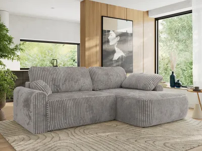 Produktbild von MKS MEBLE Ecksofa CUBO L-form, lose Kissen, Ecksofa 273x187x100 cm mit Schlaffunktion, Bettkasten - Hellgrau Cord - Rechts Seite