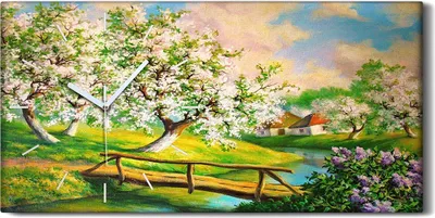 Produktbild von Leinwand Uhr Küche Wohnzimmer Bild 60x30 Gemälde Landschaft Fluss Bäume Blumen - weiße Hände