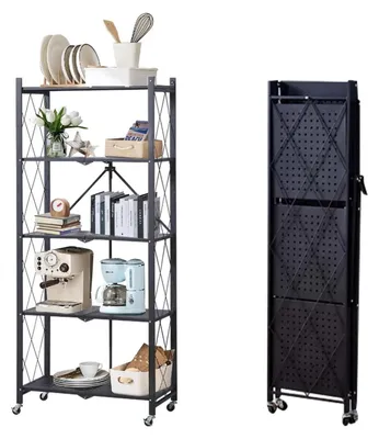 Immagine prodotto di Scaffale pieghevole con ruote - Scaffale metallico a 5 ripiani - Scaffale per cucina e dispensa - Scaffale pieghevole da pavimento - Nero