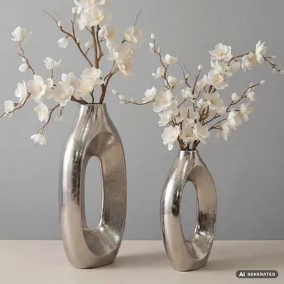 Image de FineBuy Dekovase, lot de 2 vases en métal argenté, design élégant. Grands vases en métal pour fleurs fraîches et fleurs séchées, vases d'appoint, décoration intérieure, fabrication artisanale, Image générée par une IA