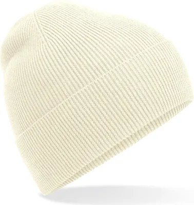 A close-up studio shot of a cream-colored beanie.