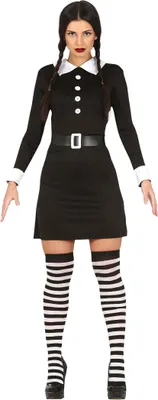 A woman wearing a black dress, white collar, black belt, and striped stockings, posing for a product image.