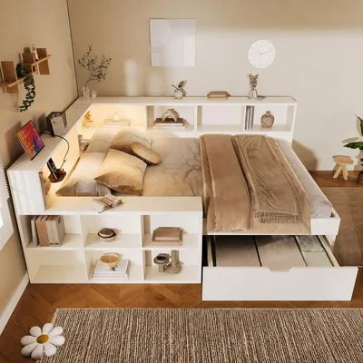 Produktbild von Klappbett mit drehbarem Schreibtisch 90x200cm, Schrankbett mit Matratze, Rollen, Metall und Holz, platzsparend für Gästezimmer und Homeoffice
