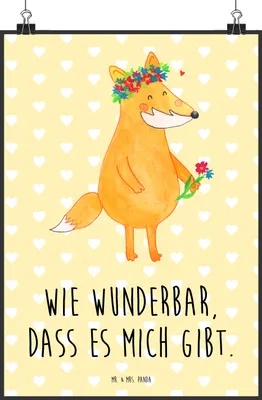 Produktbild von Mr. & Mrs. Panda Bild Fuchs Blumen DIN A2 - Gelb Pastell - Geschenk, drucke, Plakat, Selbstliebe, Liebe, wanddeko, Ich, Selbstbewusst, Kunstdruck, Boho, Wandbild