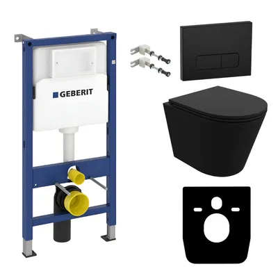 Produktbild von DOMINO Geberit Duofix Basic Vorwandelement + Wand-WC Tiefspül Galve Becken Schwarz Spülrandlos + Schwarz Bedienplatte Delta 25 für Doppelspülung | SET