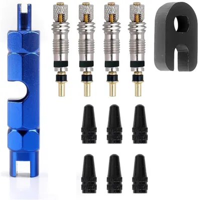 Produktbild von Fahrradventil Reparaturset, 6 Ventileinsätze, 4 Ventilkappen, Ventiladapter, Montagewerkzeug, für Mountainbike