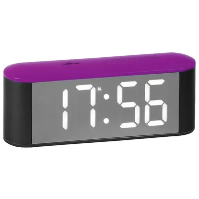 A digital alarm clock with a purple top and black base, displaying the time.