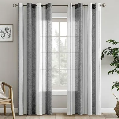 Image de Rideaux transparents tendus pour le salon et la chambre, lot de 2, 140 x 215 cm, gris et blanc