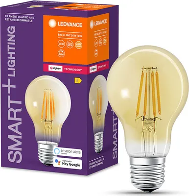 Imagen del producto de 4 bombillas LED Smart+ Filament A60 de Ledvance, 6W (equivalente a 52W), casquillo E27, color dorado, 680 lúmenes, luz blanca muy cálida (2400K), regulables, compatibles con aplicaciones, Google Alexa y ZigBee