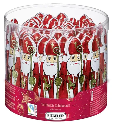 Produktbild von Riegelein Massiv Saint Nikolaus aus Vollmilchschokolade Fairtrade 65 x 12,5g (812,5g)